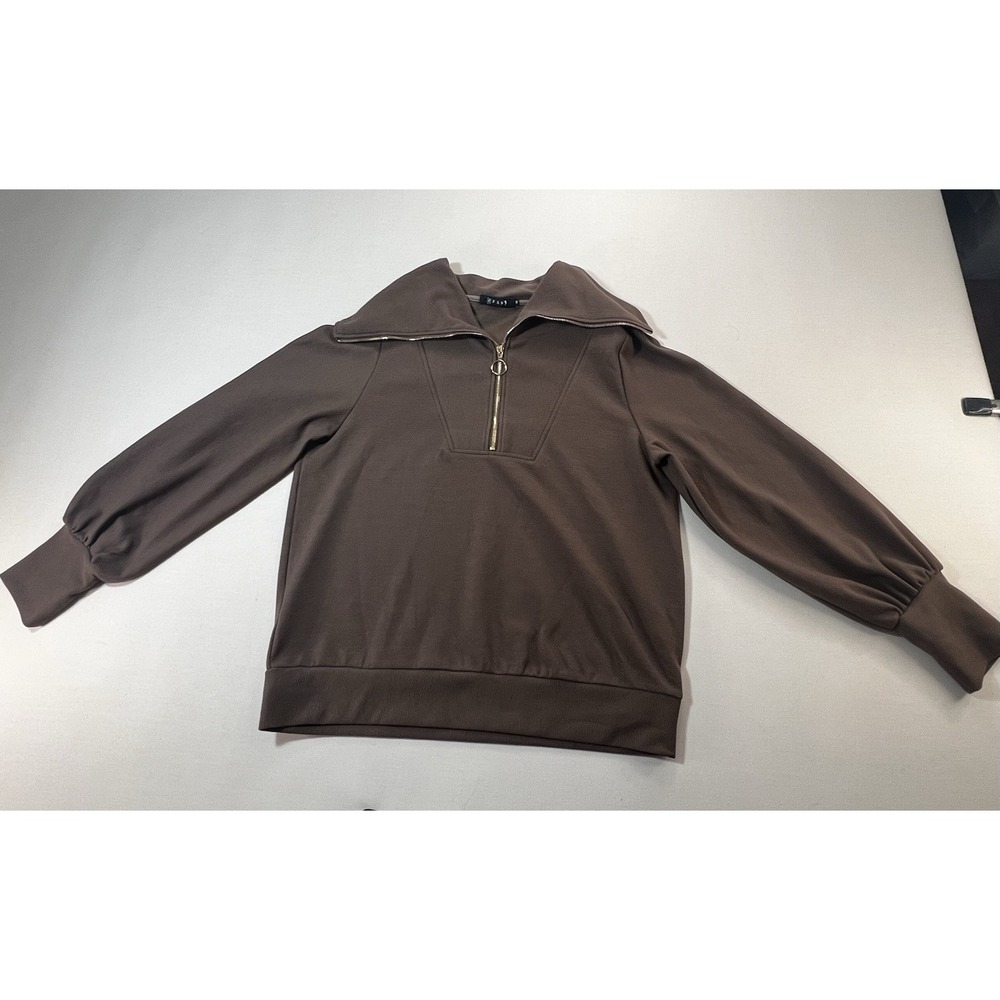 EFAN Brown Quarter Zip Pullover Sweatshirt Lantern Sleeve Oversized Collar M